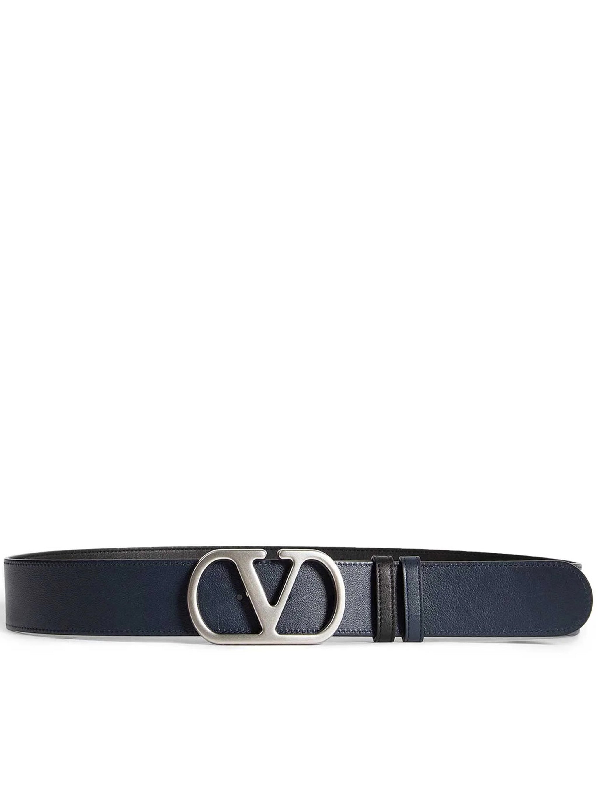 Black/Navy Reversible Silver-tone Logo Buckle Belt