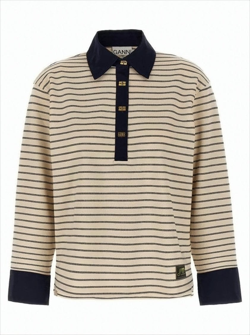 Boxy Striped Long-Sleeved Top with Gold-tone Accents