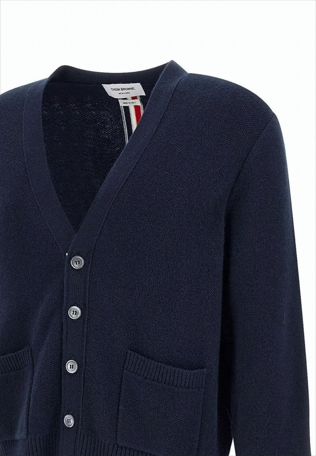 Classic V-Neck Wool Cardigan with Striped Back Detail