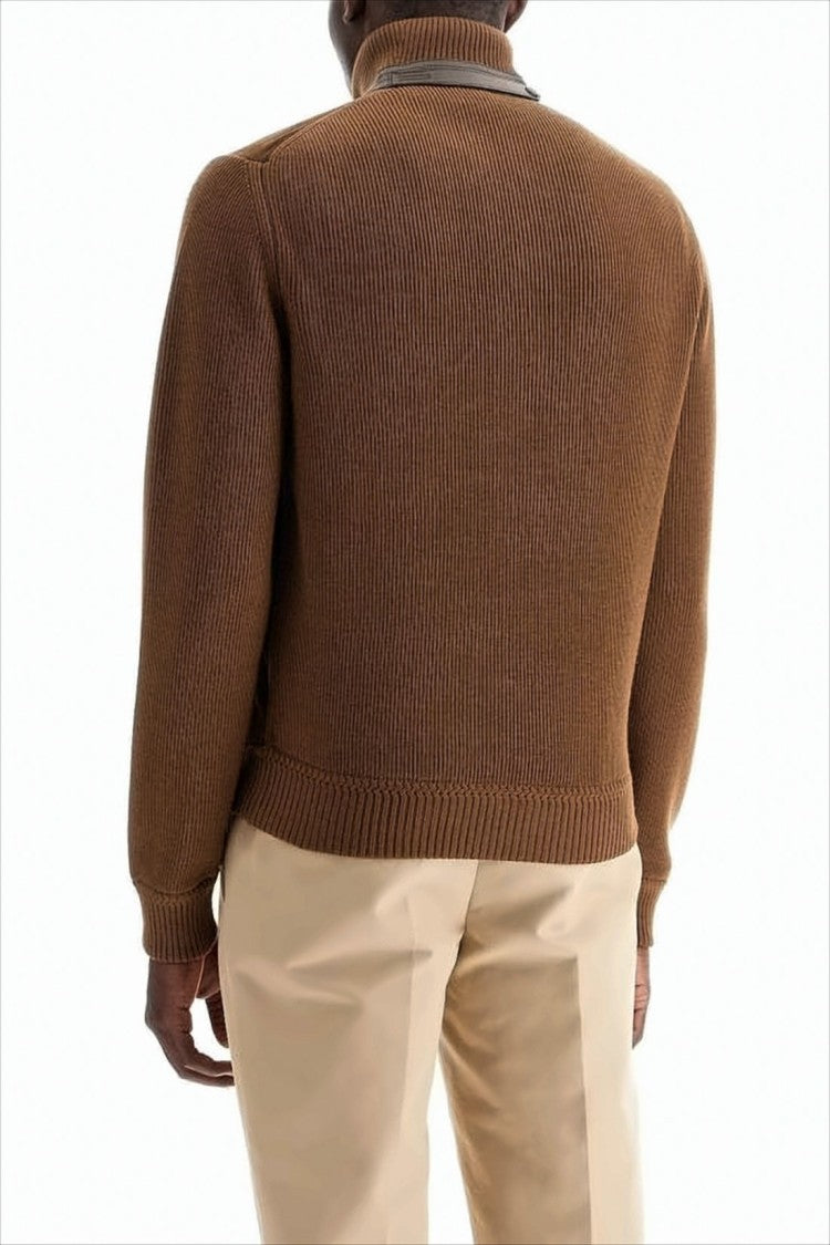Brown Lamb Leather And Wool Jacket With Ribbed Sleeves