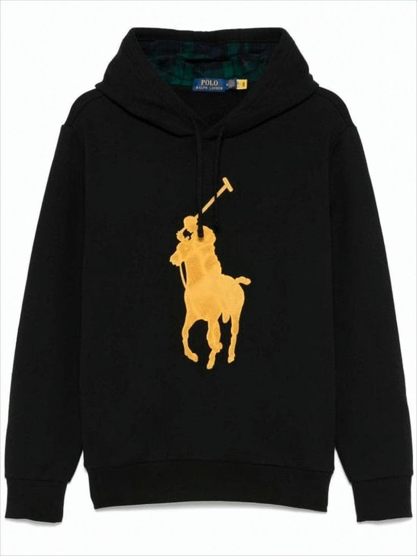 Black Hoodie with Bold Yellow Polo Graphic and Plaid Lining