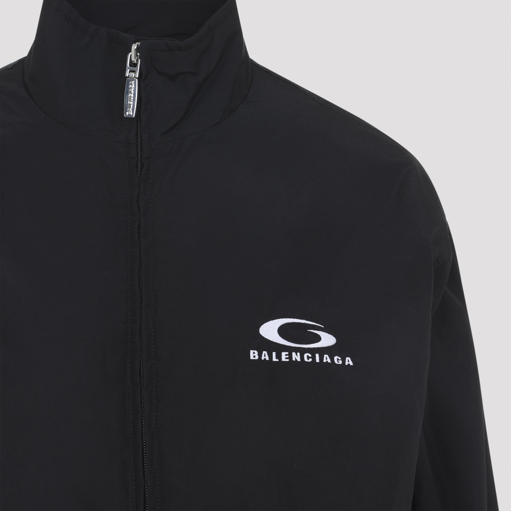 High-Collar Black Jacket With Bold Logo Detailing