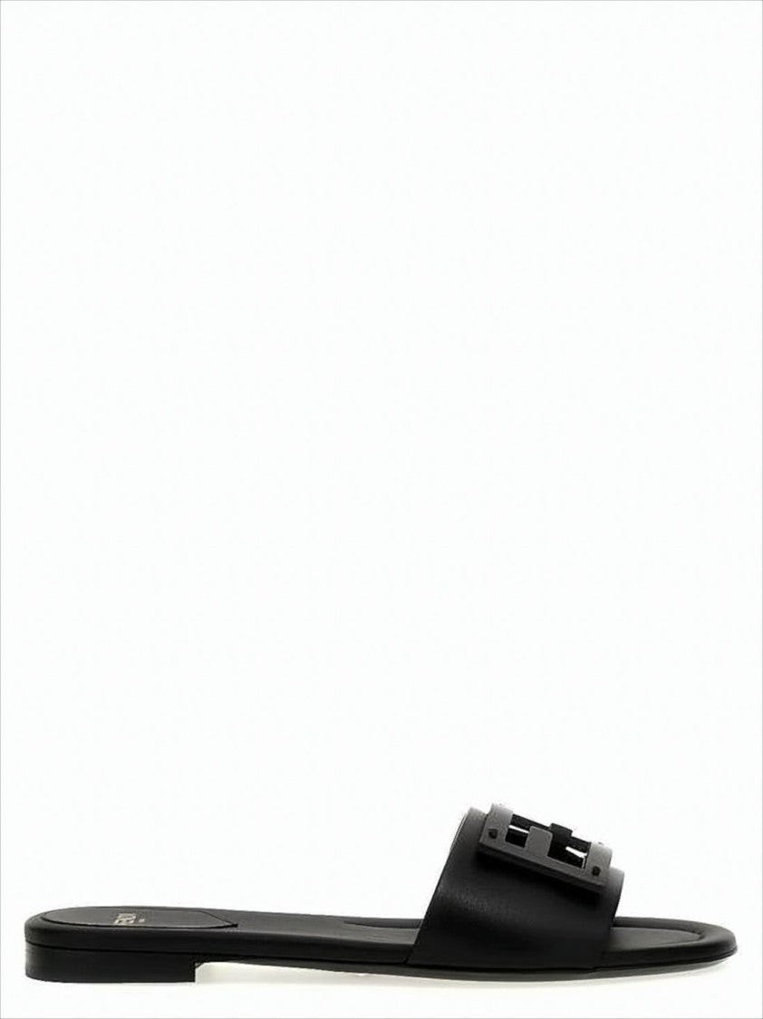 Cut-Out Logo Slide Sandals In Black Calf Leather