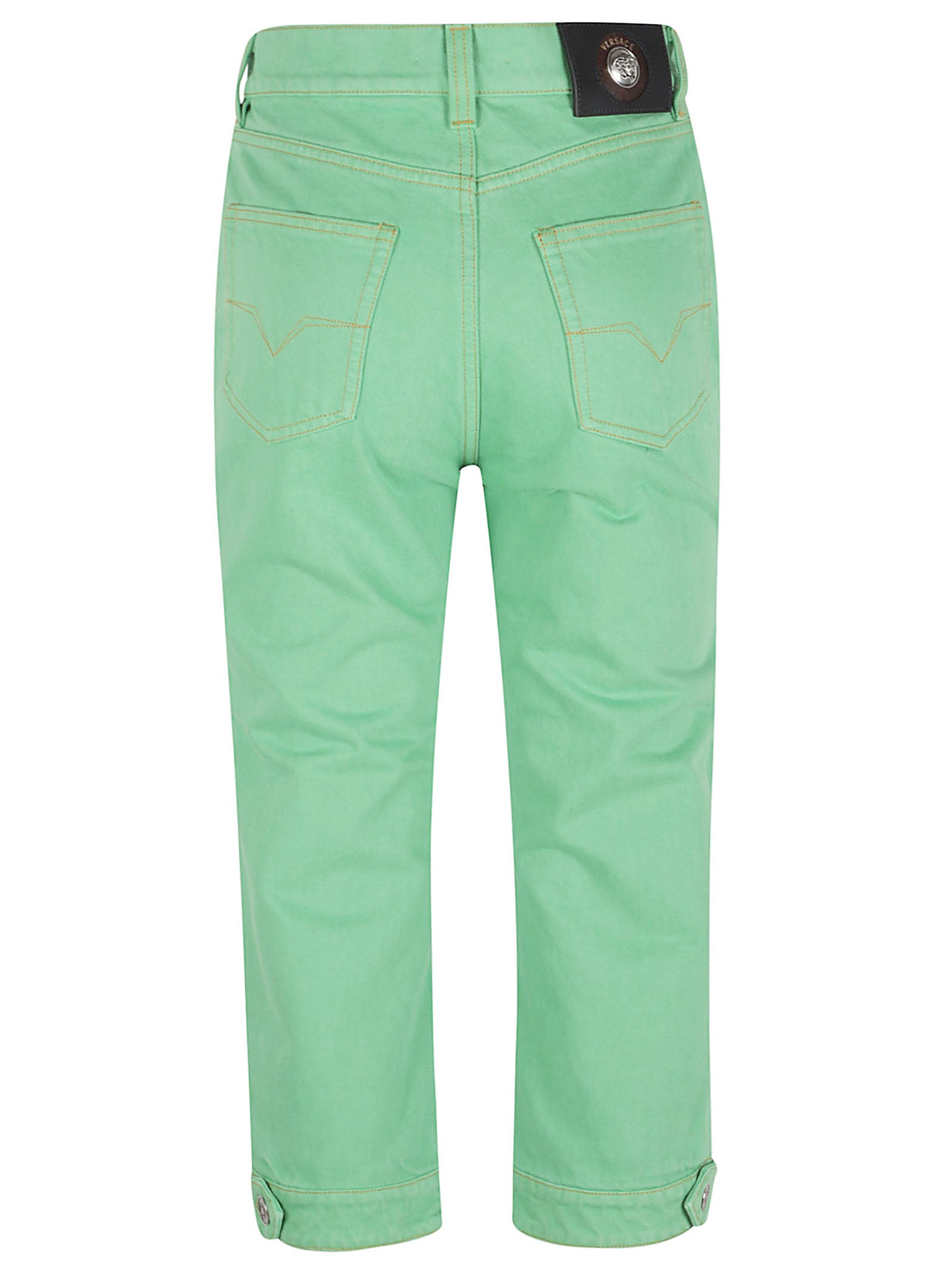 Capri-length Denim Pants with Adjustable Hems and Medusa Emblem