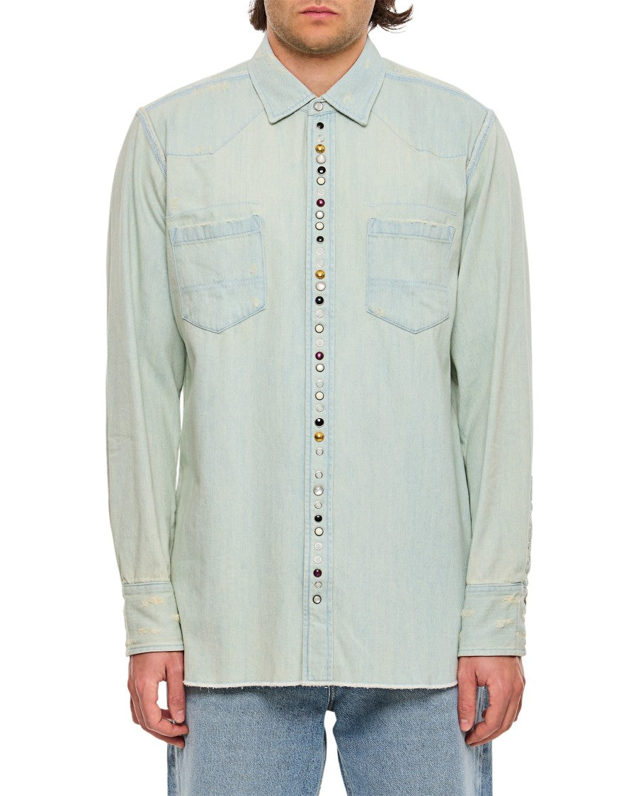 Light Faded Denim Striped Cotton Oxford Shirt