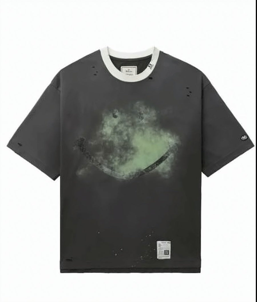 Distressed Black Cotton T-Shirt with Abstract Smiley Graphic