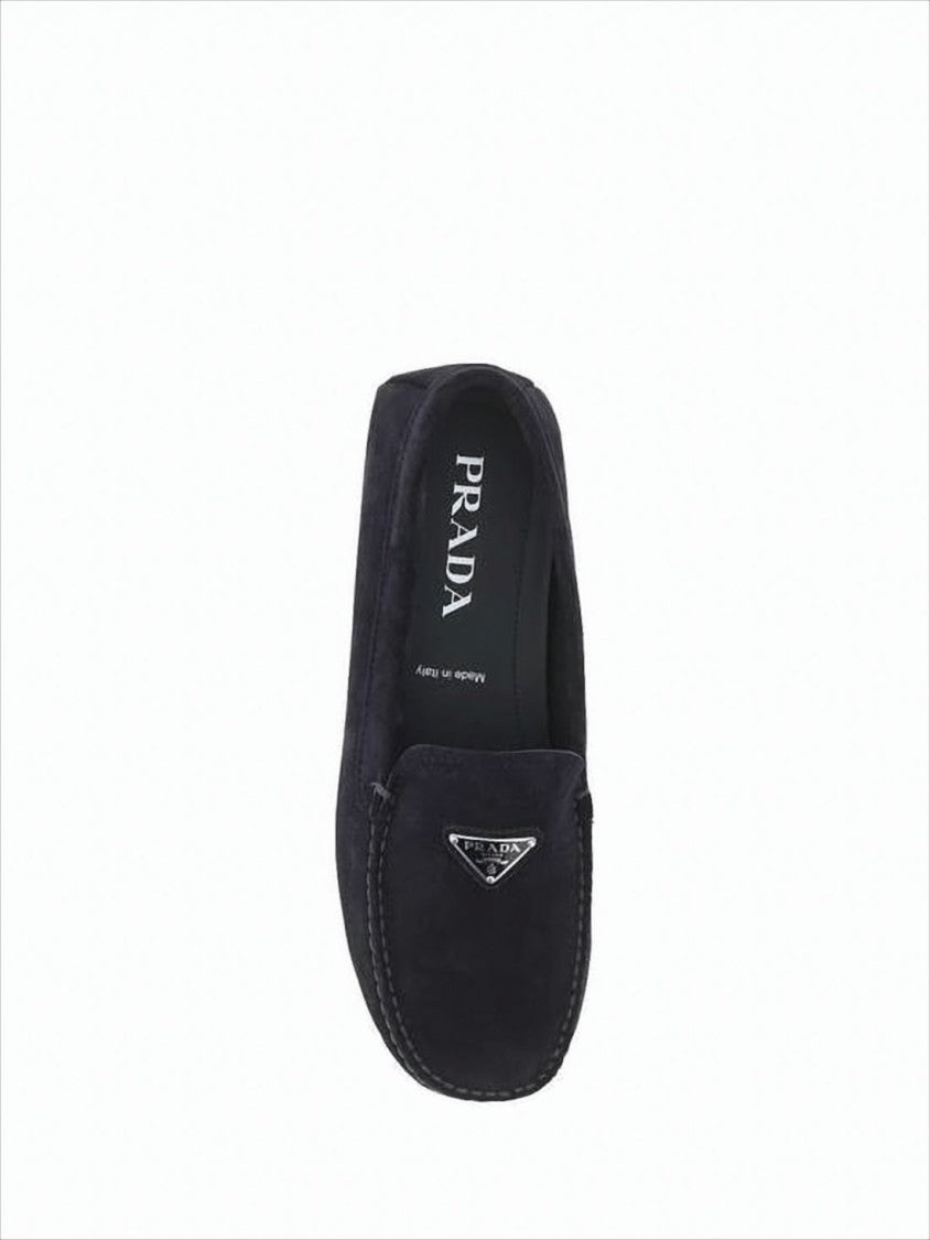 Black Suede Loafers with Metallic Triangle Emblem by Prada