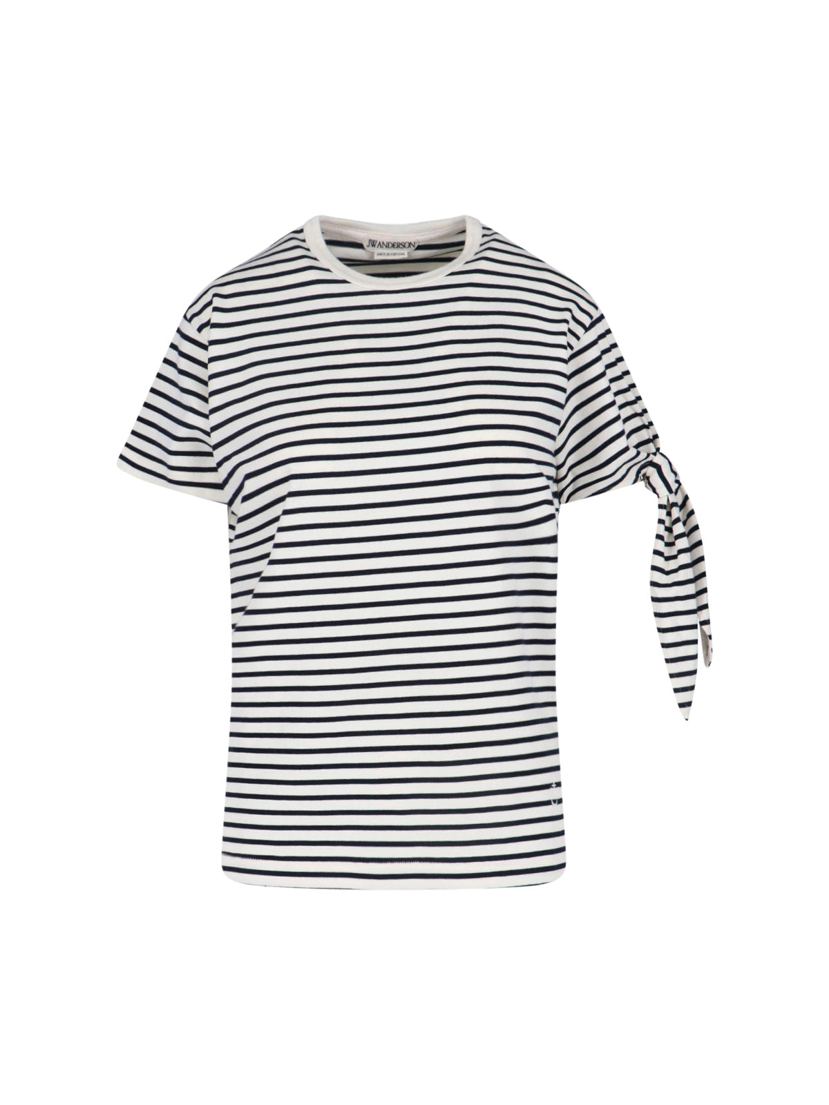 White Striped Knotted Sleeve Cotton T-Shirt