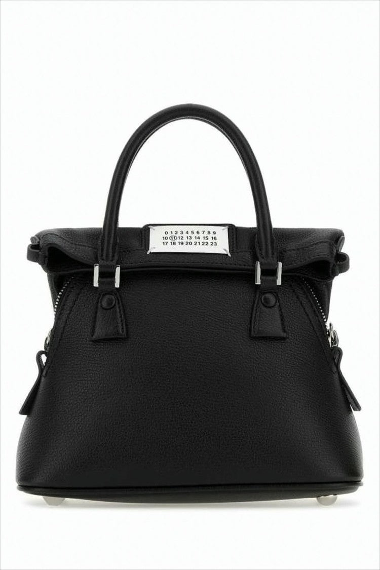 Trapezoidal Black Goat Leather Tote Bag With Silver Hardware