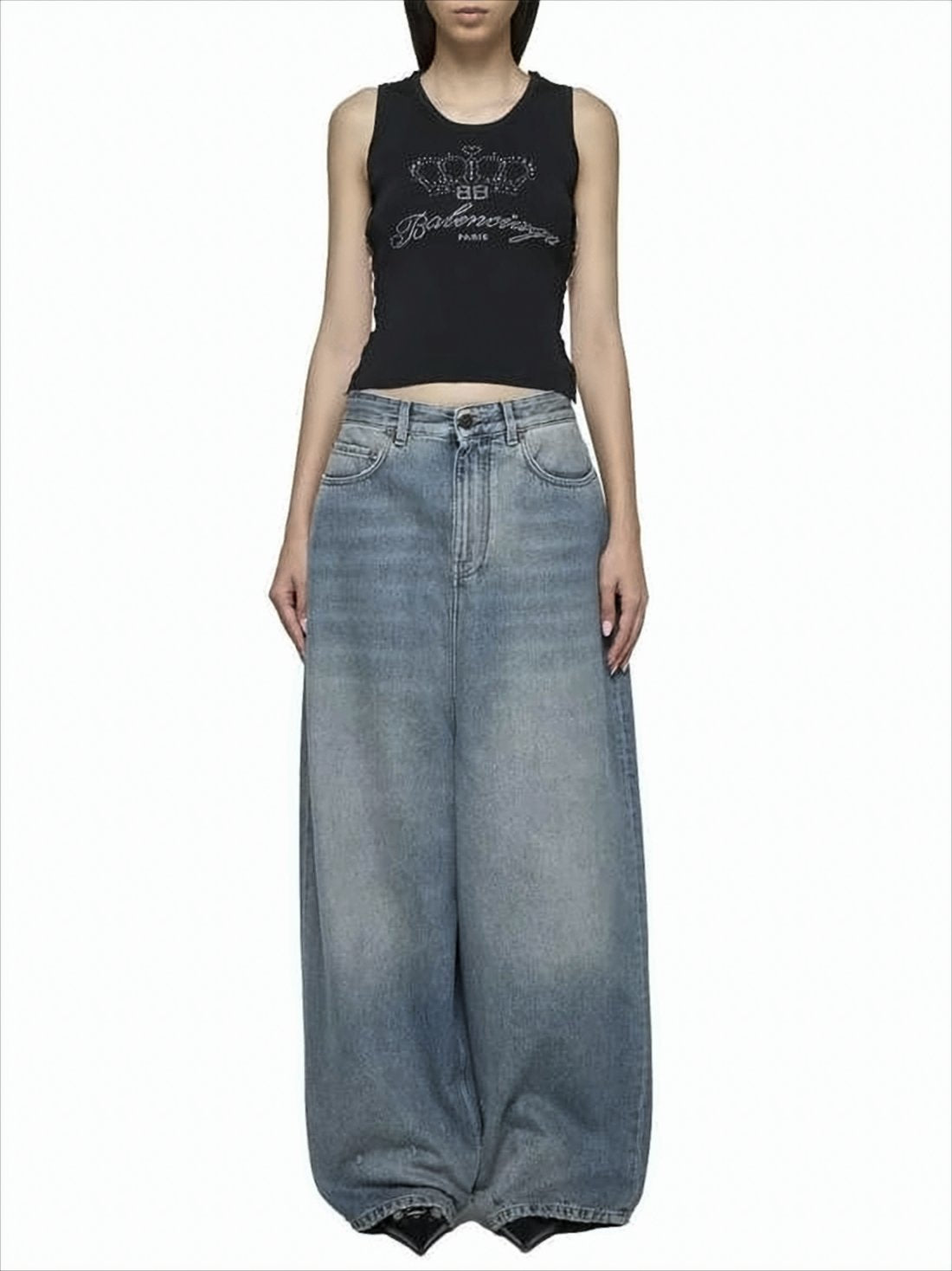 High-Waisted Wide-Leg Denim Pants with Distressed Detailing