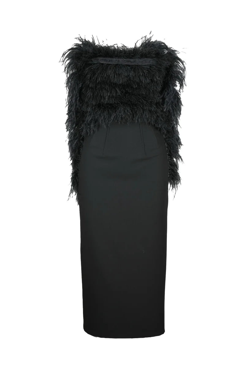 Midi Dress with Ostrich Feathers - Black