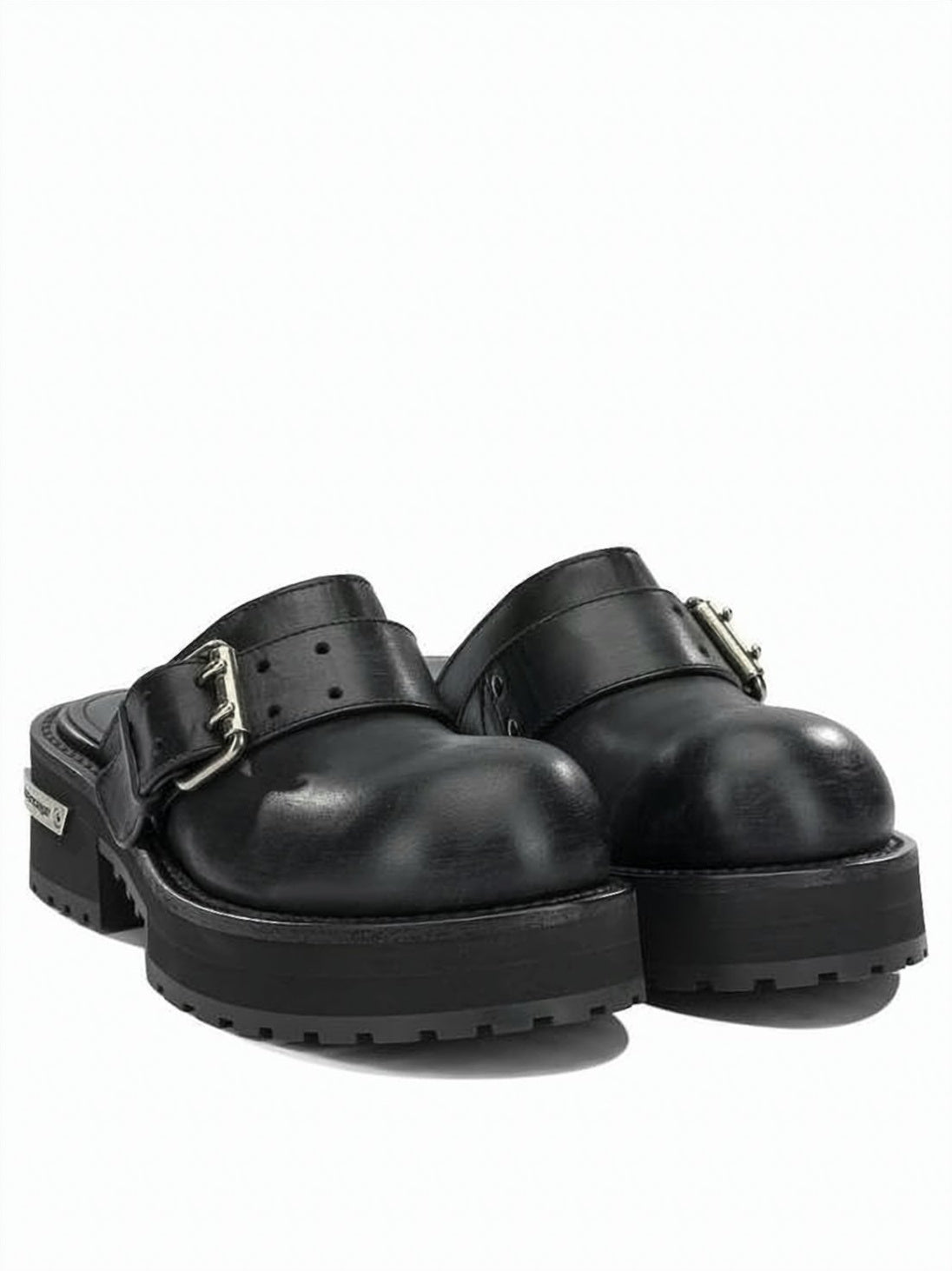 Black Chunky Sole Buckle Leather Mules