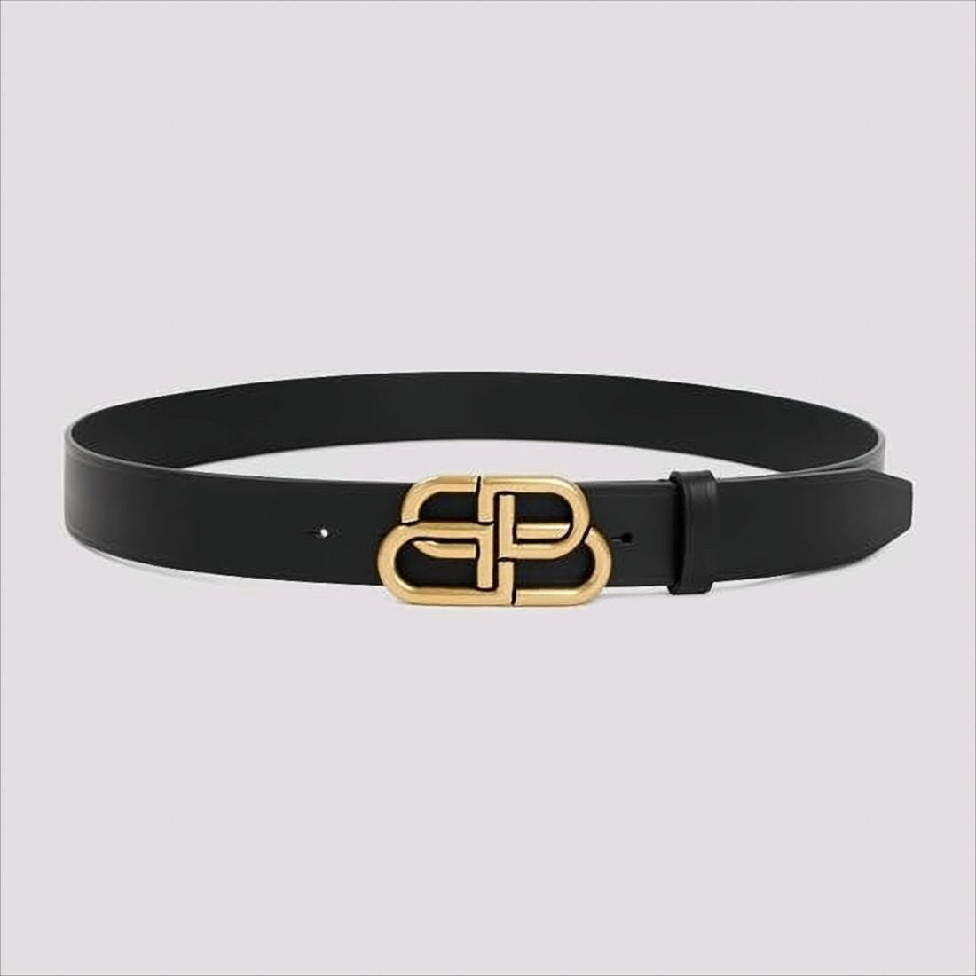Black Leather Belt with Gold-tone Interlocking Double-B Buckle