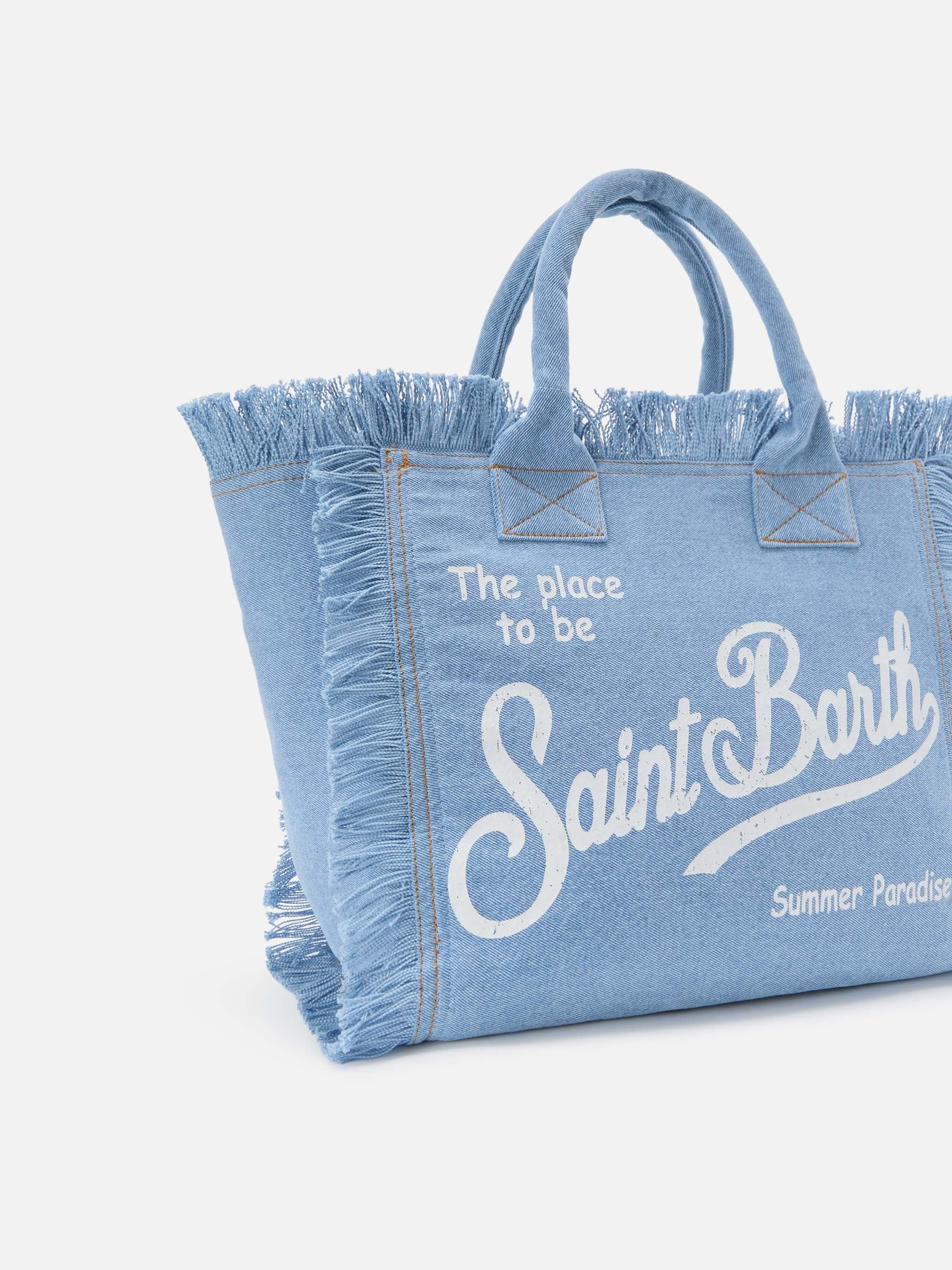 Light Blue Denim Tote Bag with Fringed Edges