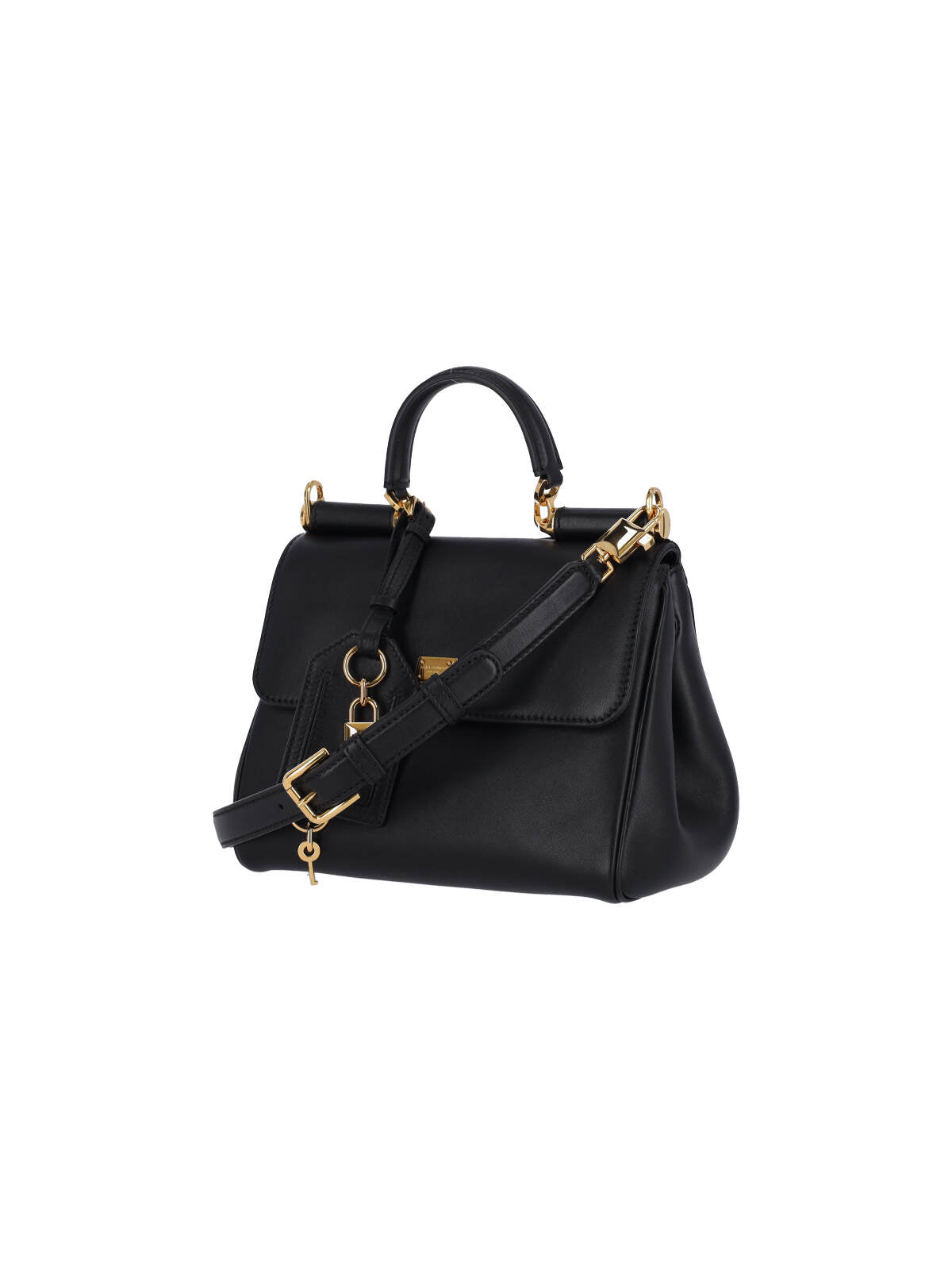 Structured Handbag with Gold-Tone Lock Charm and Adjustable Strap