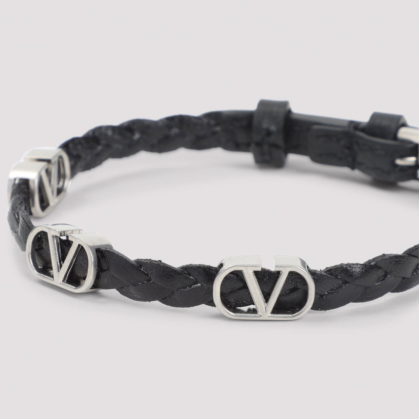 Braided Black Calf Leather Bracelet With Silver Accents