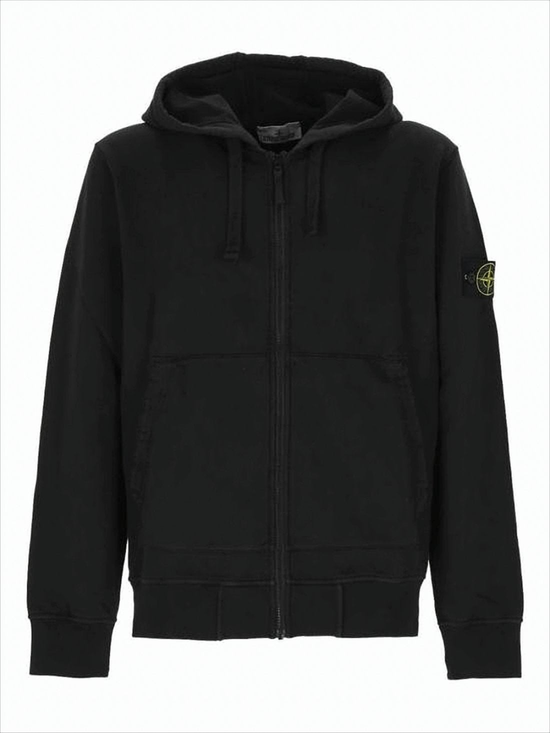 Black Zip-Up Hoodie with Distinctive Patch Logo