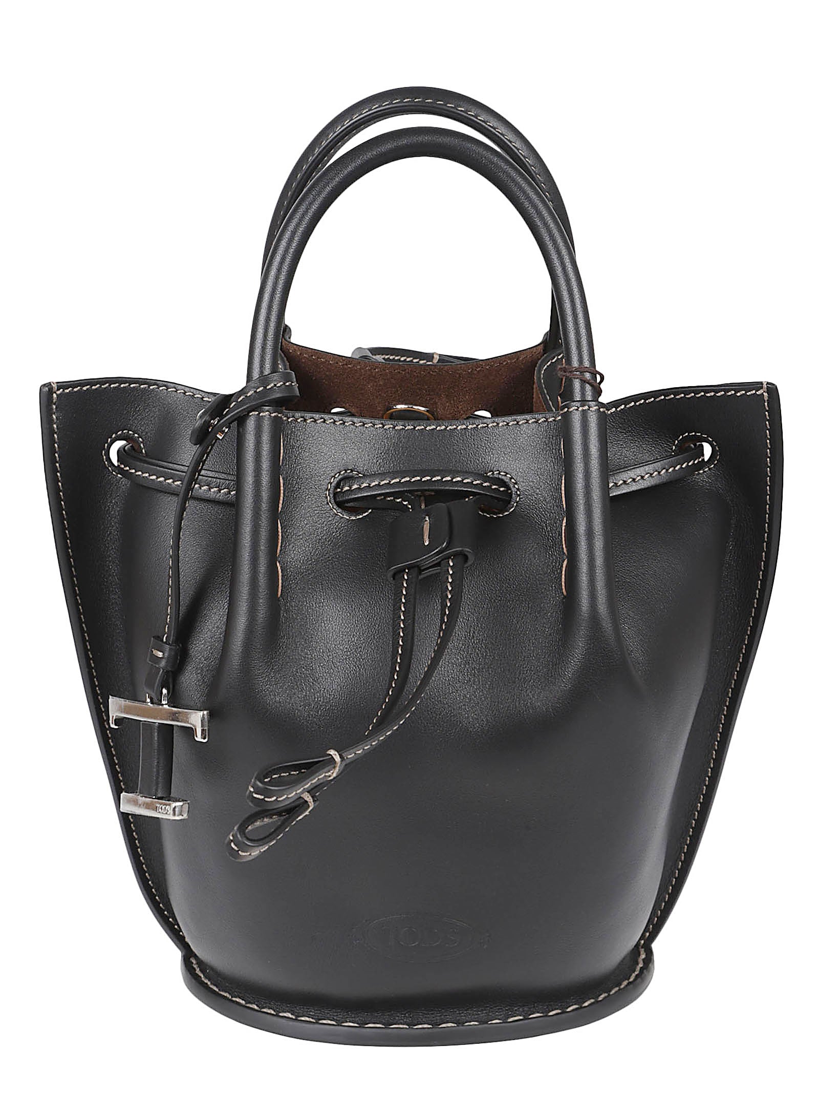 Structured Black Calfskin Bag with Drawstring Closure