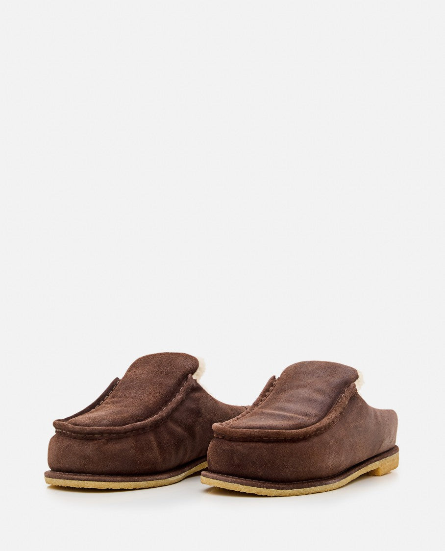 Brown Suede Mules With Cozy Fur Interior And Embossed Seams