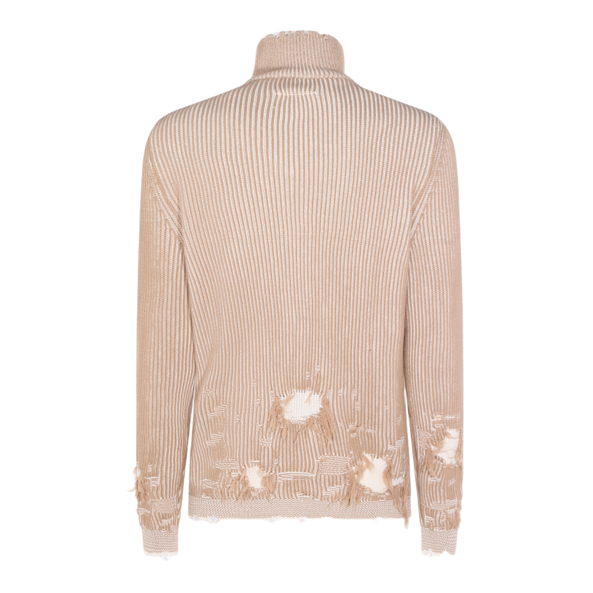 Ribbed High Collar Sweater with Distressed Detailing