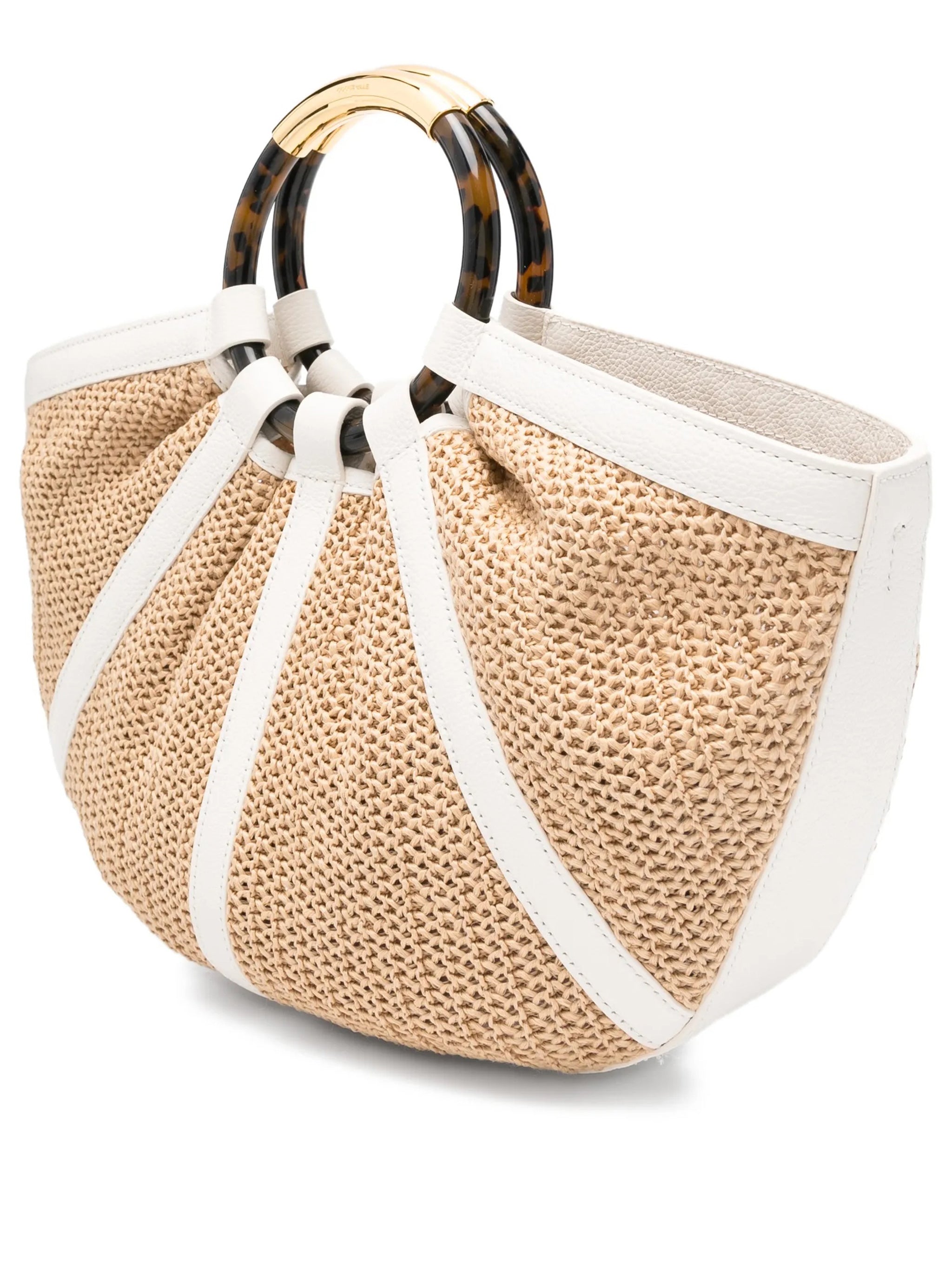 Shell Semi-Circular Straw Leather Trim Handbag