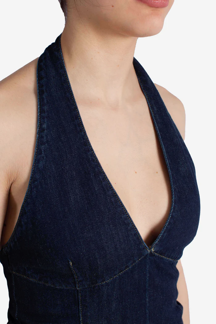 Dark Blue Denim Mini Dress with Halter Neckline