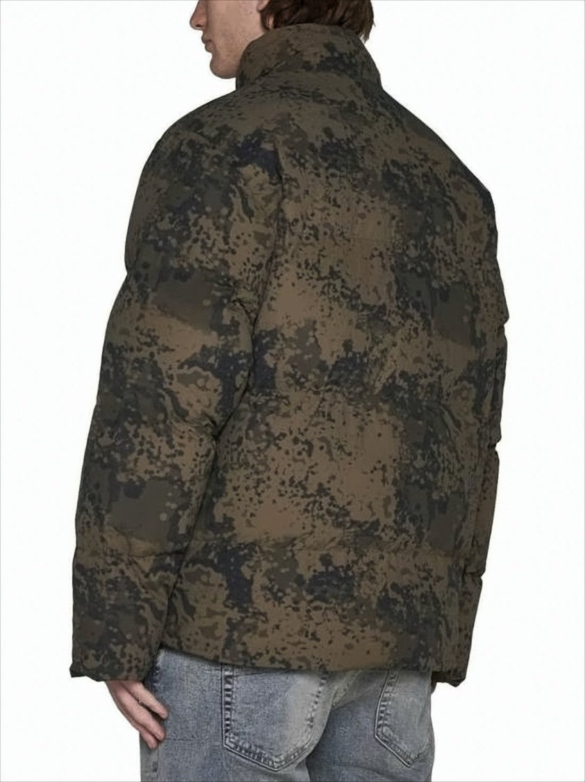 High-Collar Puffer Jacket with Camouflage Design