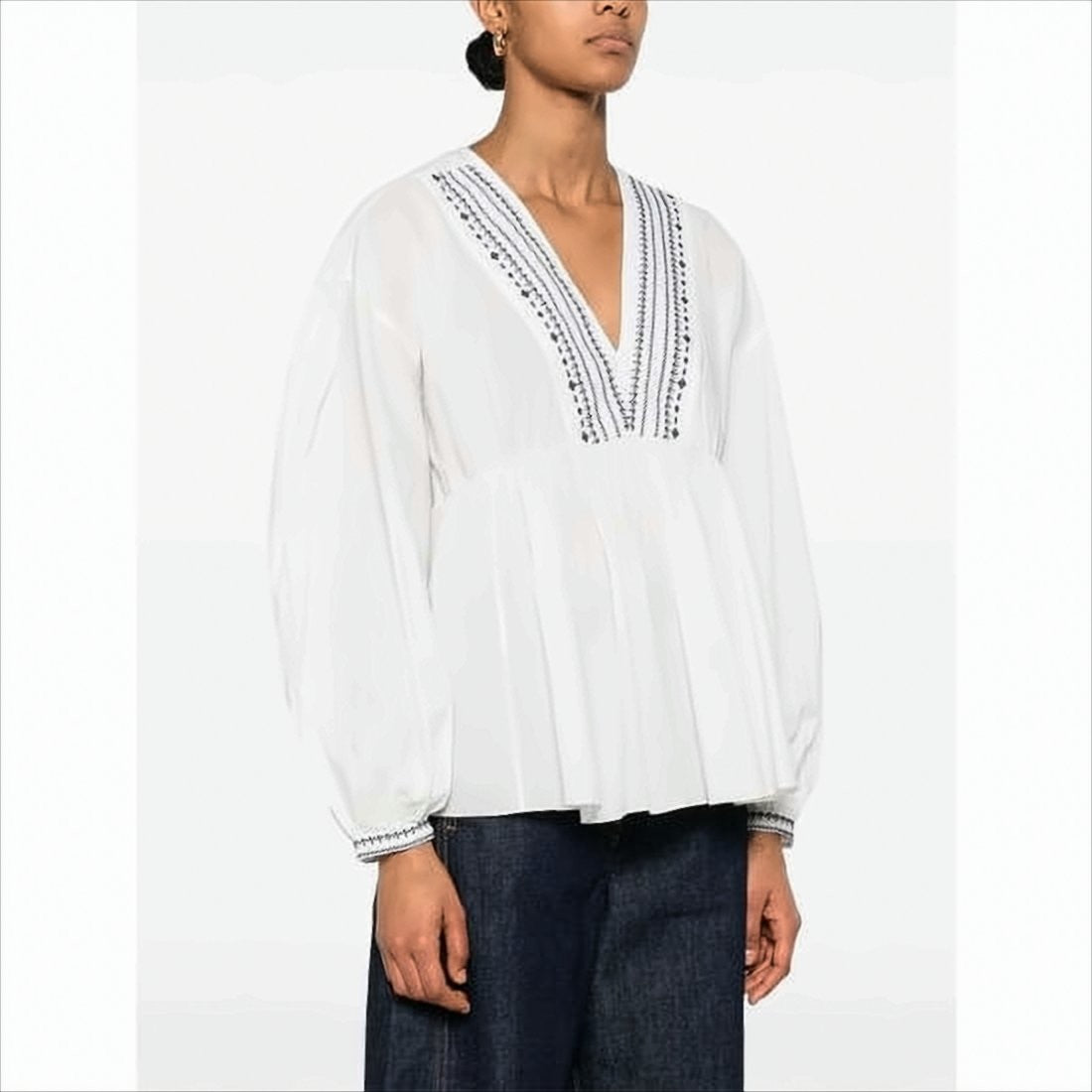 Flowing White Blouse with Blue Embroidery