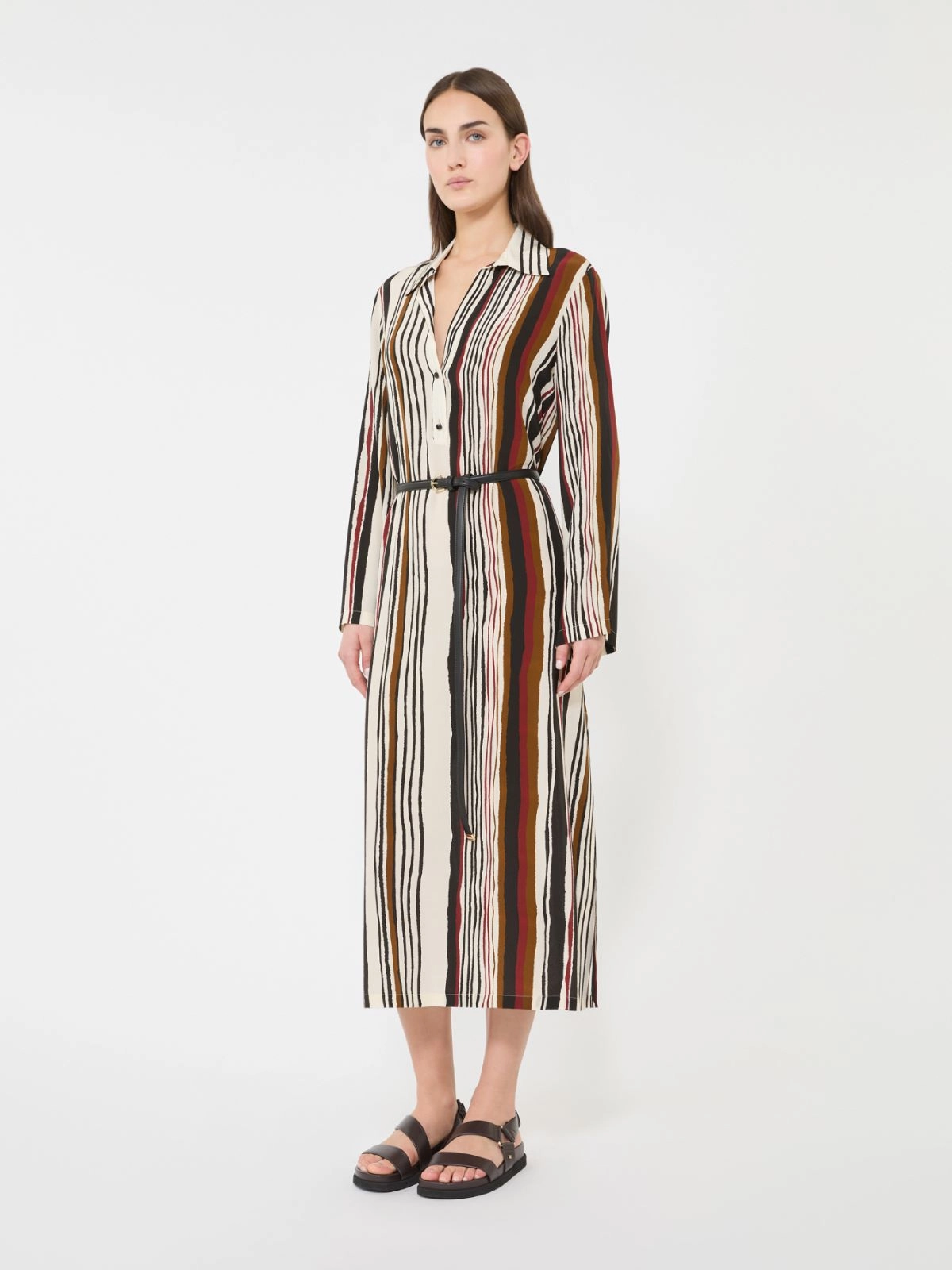 Vertical Striped Midi Dress with Collared Neckline