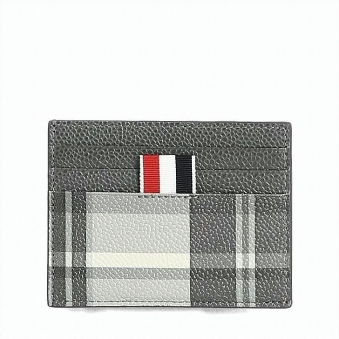 Textured Calf Leather Card Wallet with Plaid Pattern