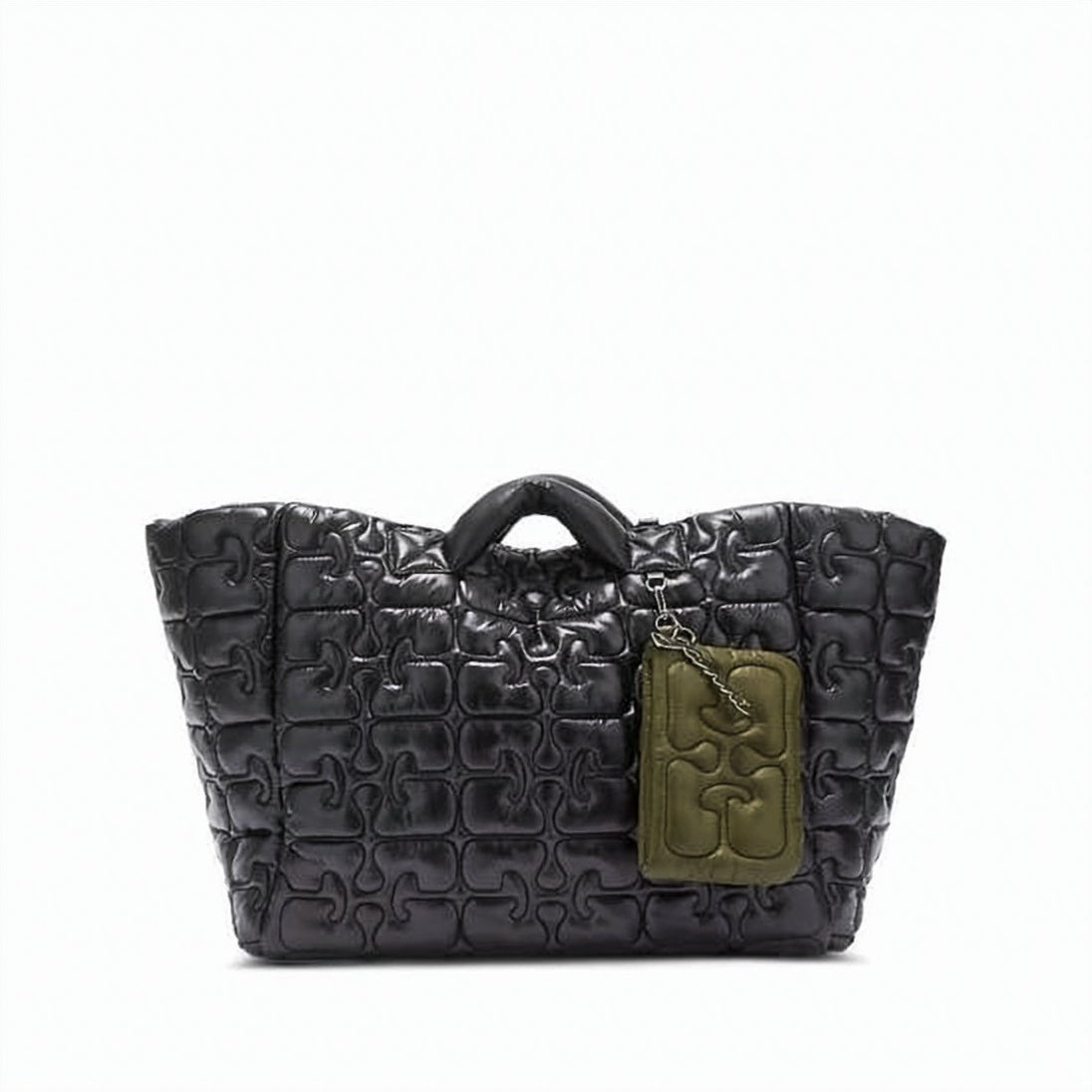 Quilted Black XXL Tote Bag with Padded Handles and Olive Green Pouch