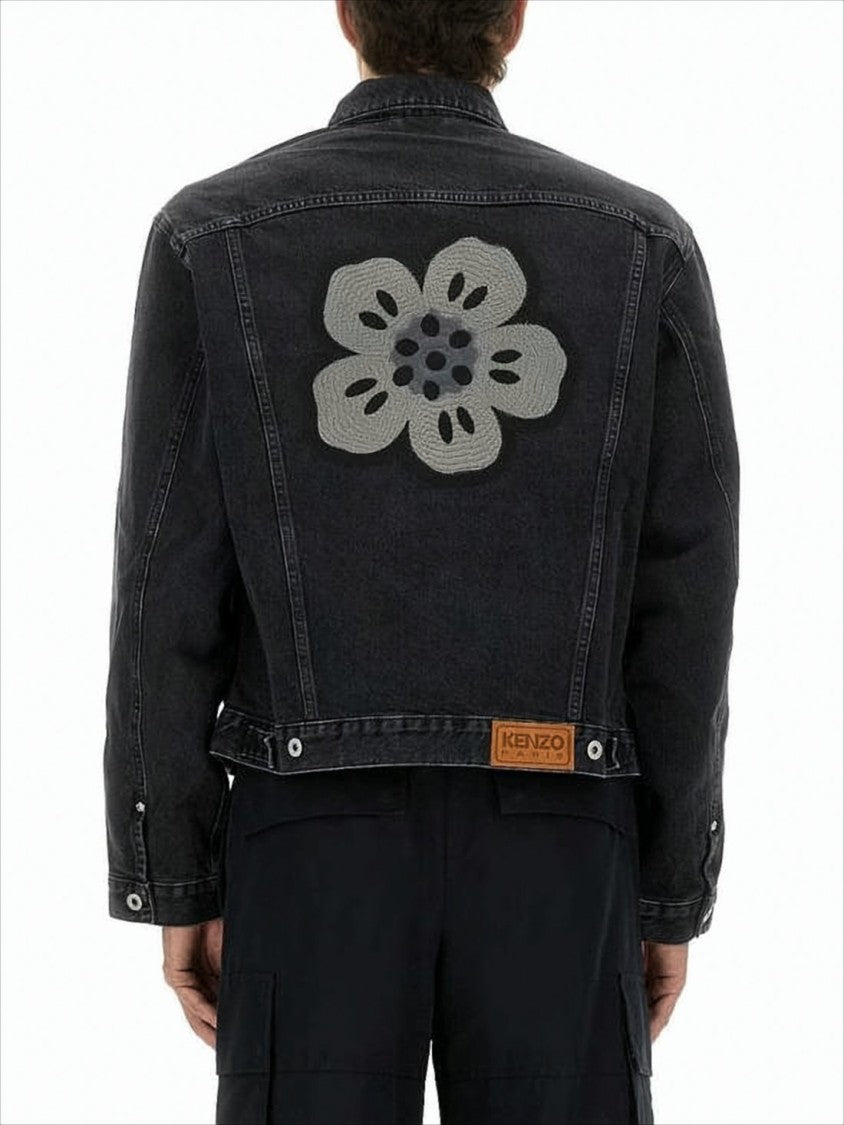 Black Denim Jacket With Silver-Tone Hardware And Floral Embroidery