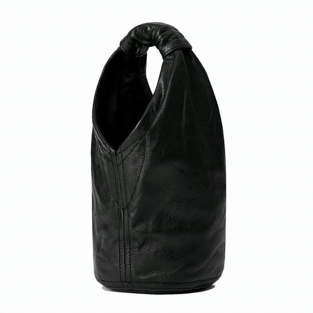 Cylindrical Black Leather Bag With Gathered Handle