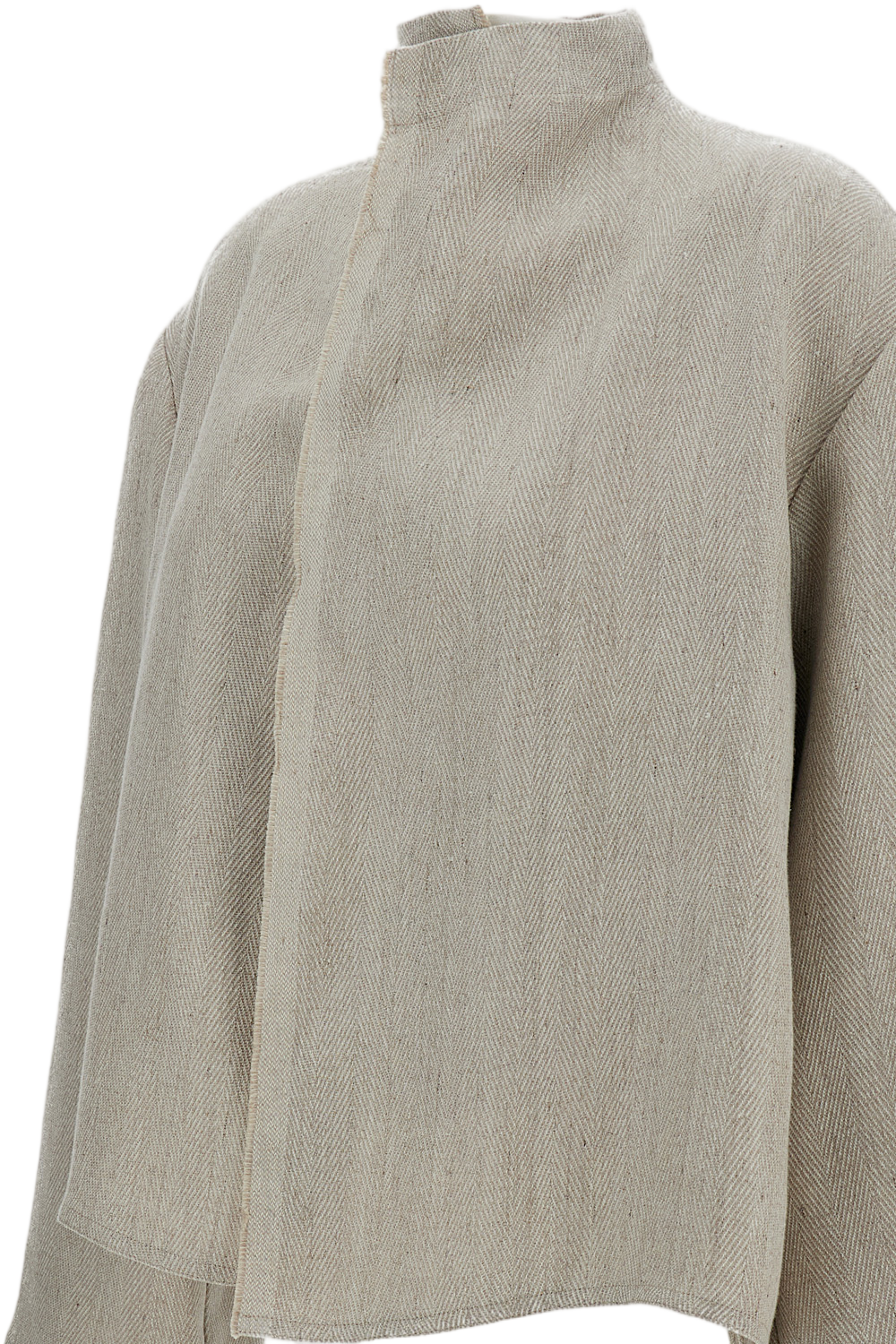 Beige Open-Front Linen Jacket with Fringed Trim