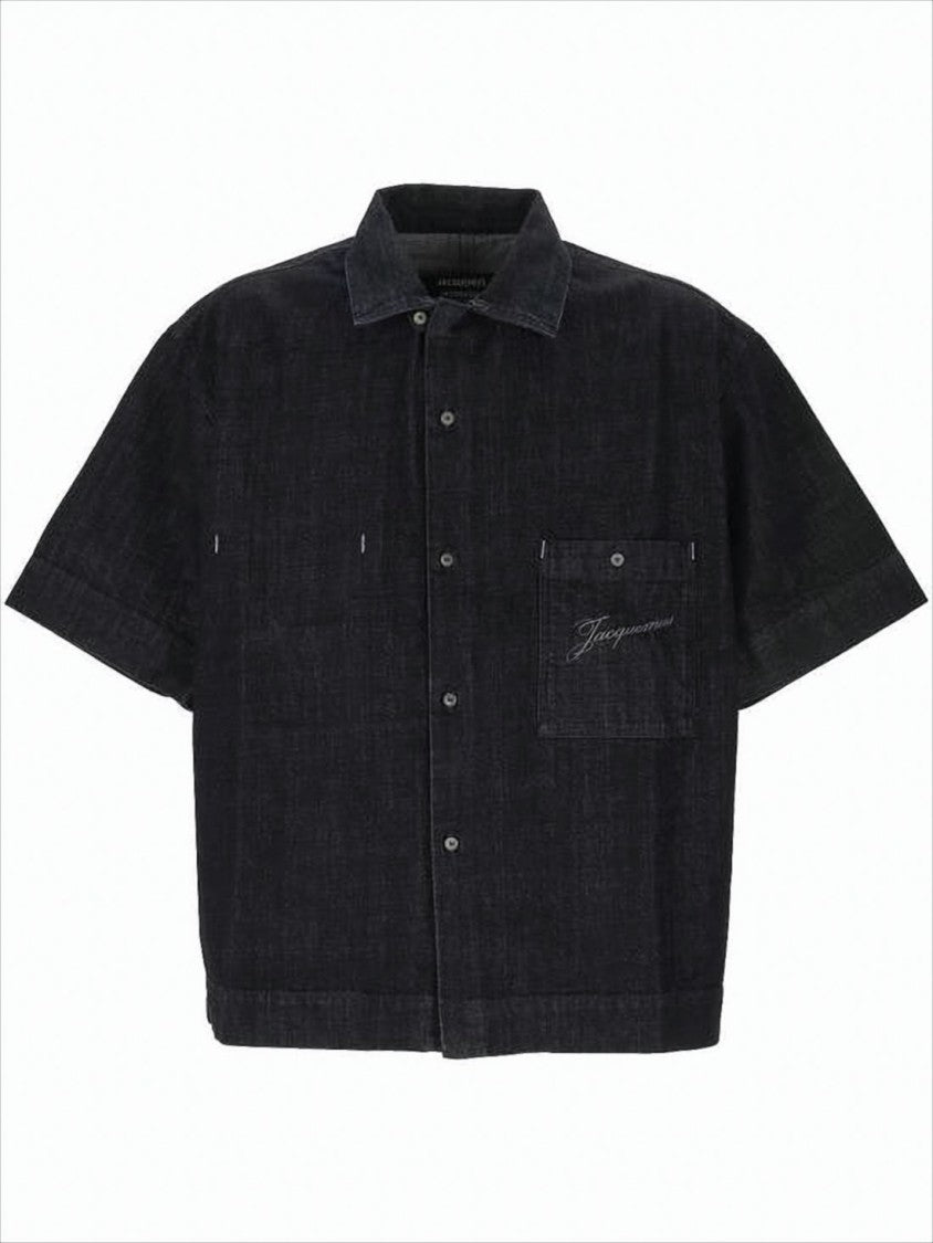 Cropped Boxy Cotton Shirt With Classic Collar And Embroidered Pocket