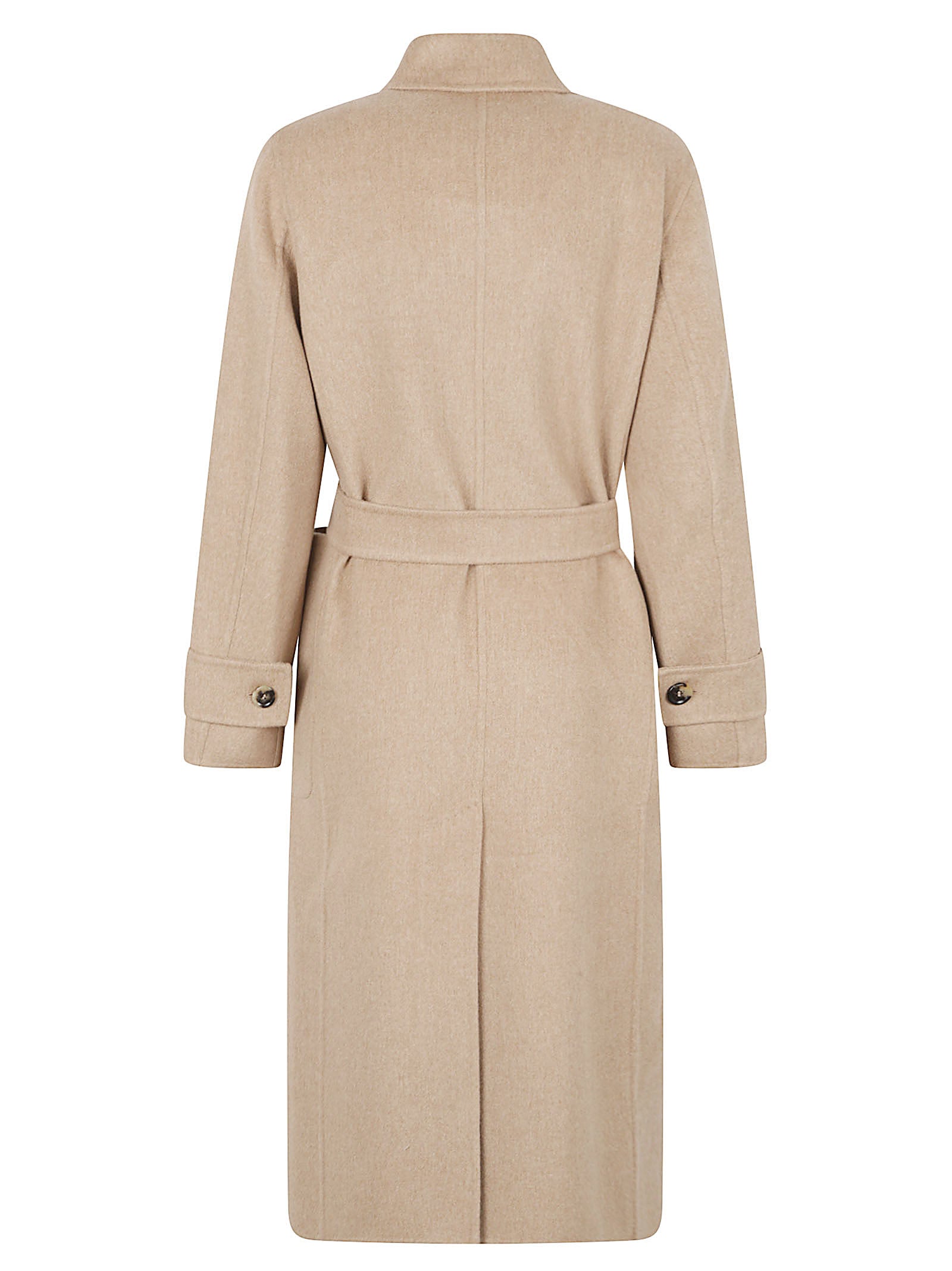 Camel-Finish Long Coat With Wide Lapel