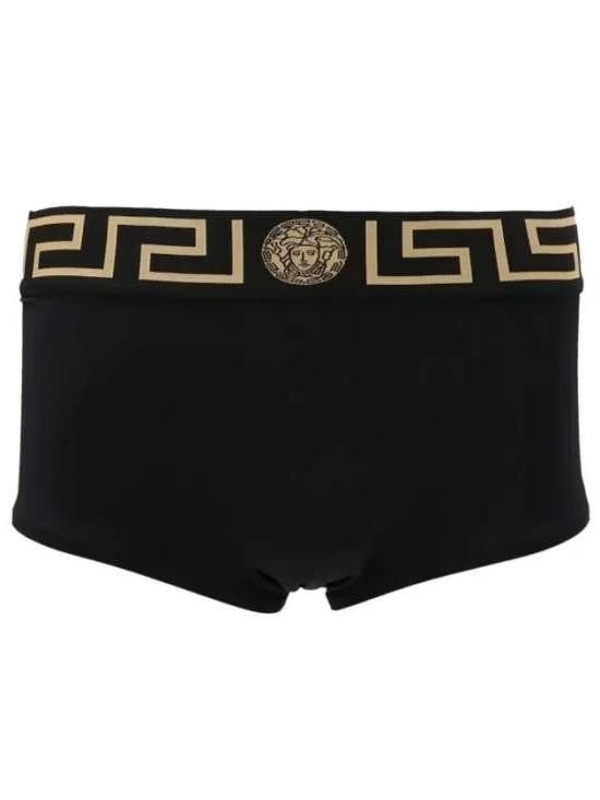 Black Swim Briefs with Gold Geometric Pattern and Medallion Emblem