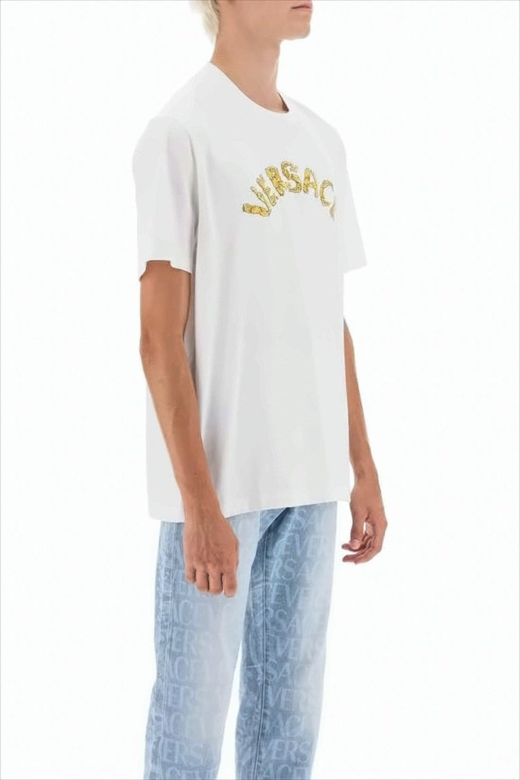 Crew Neck T-Shirt with Bold Gold Logo Design