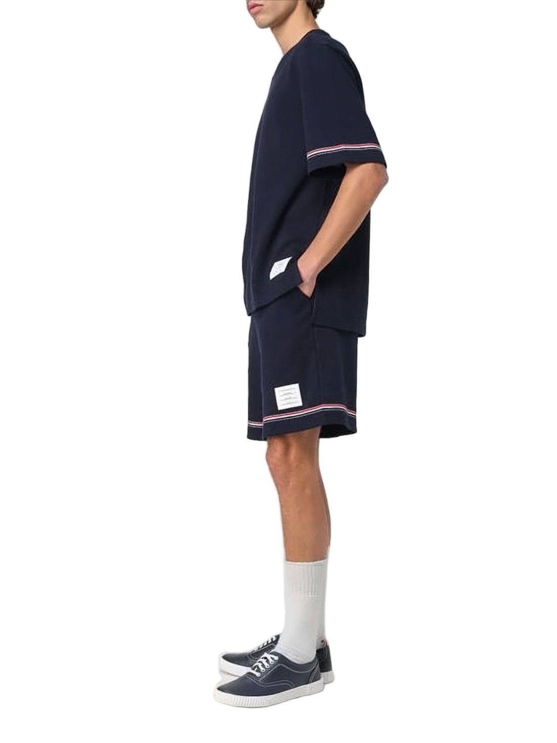 Navy Blue Cotton T-Shirt with Striped Trim