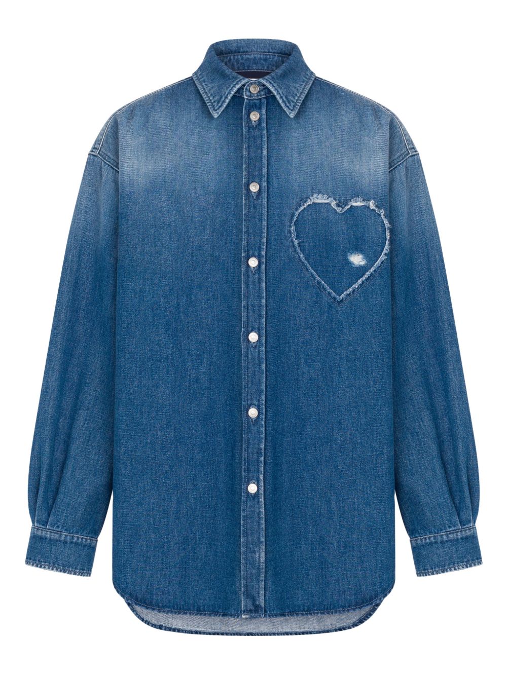 Frayed Heart-Patch Denim Shirt