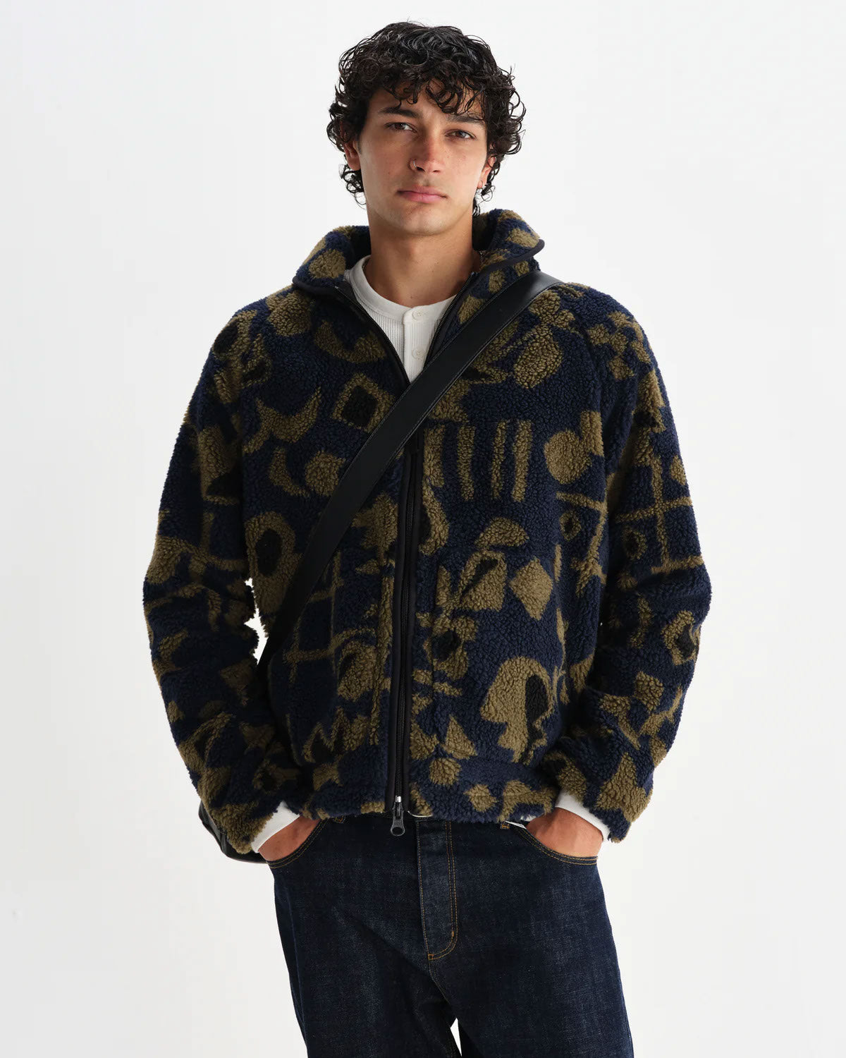Navy Fleece Jacket with Khaki Abstract Pattern