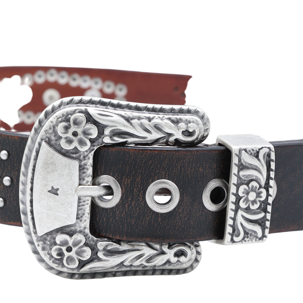 Dark Brown Leather Belt With Intricate Silver Engravings