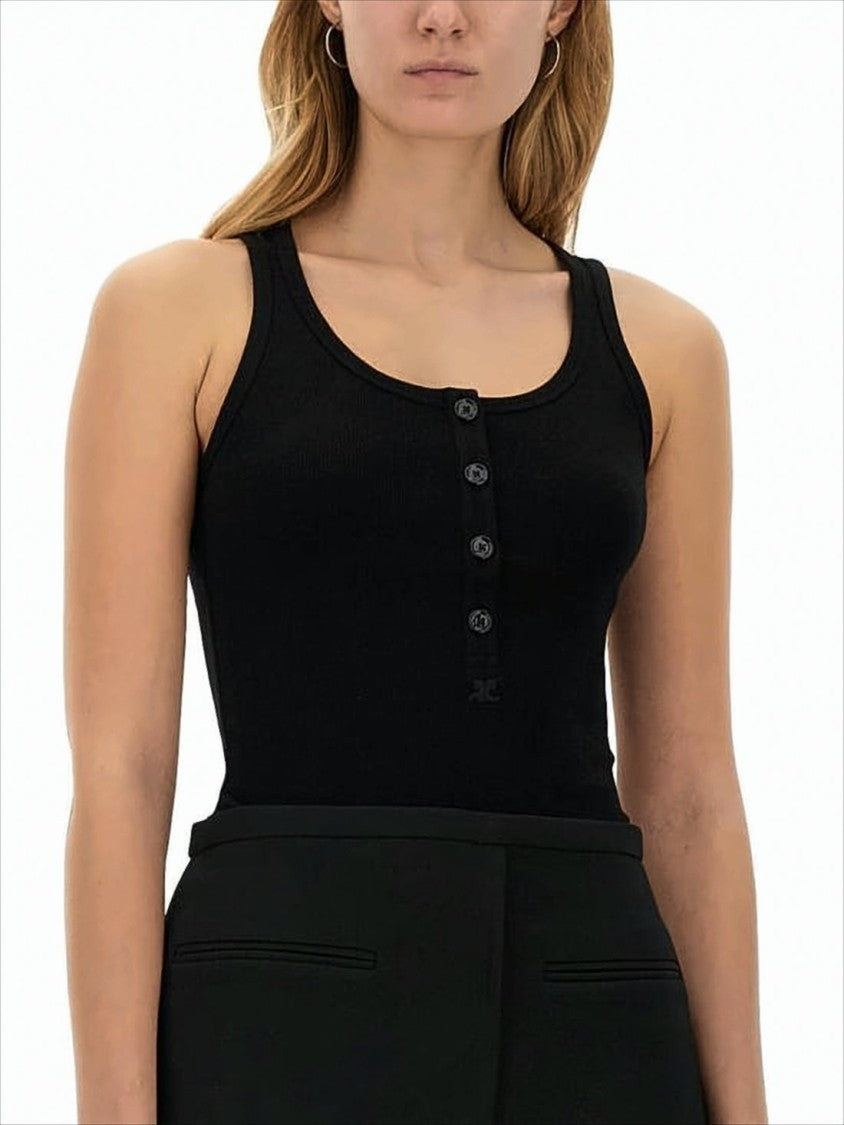 Scoop Neck Fitted Tank Top With Button Placket