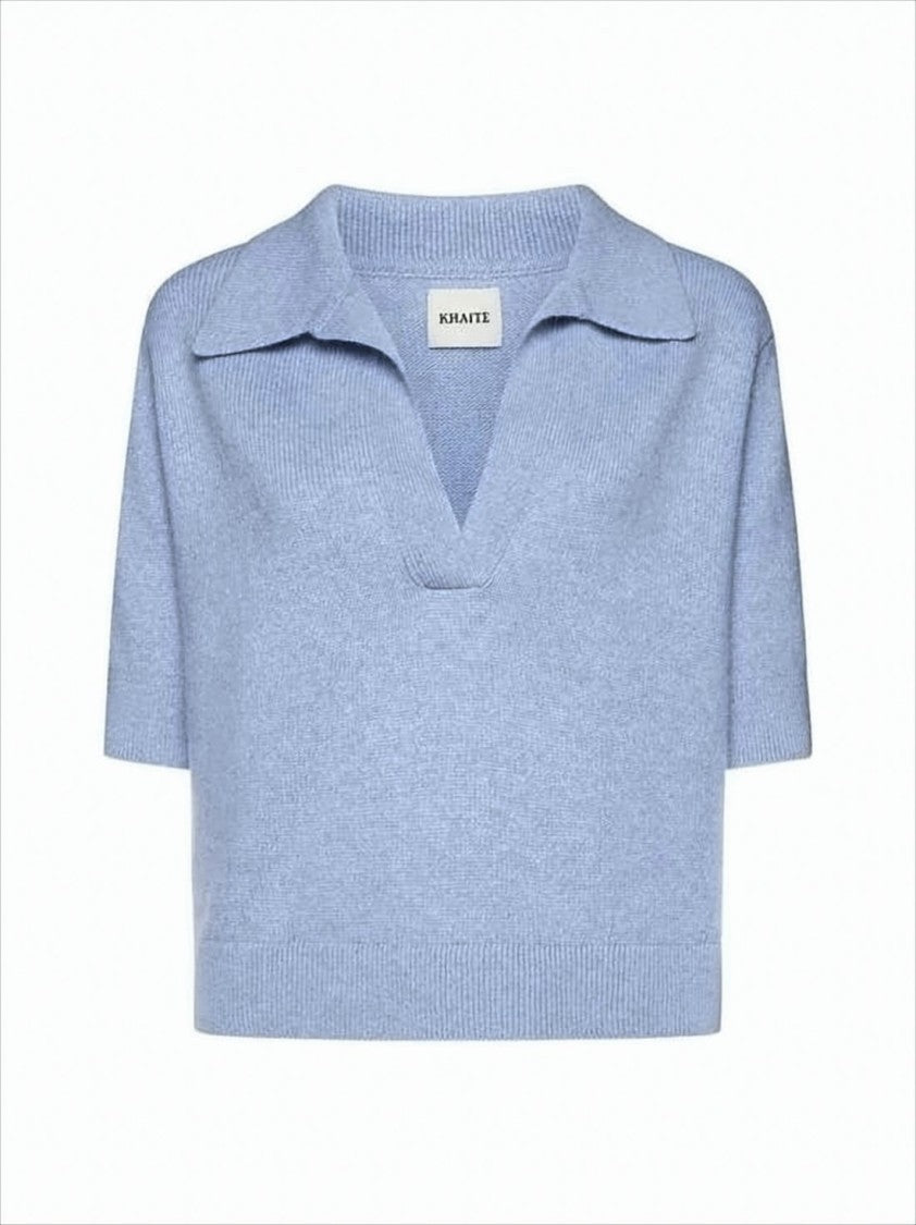 Short-Sleeved Cashmere Knit Sweater With V-Neckline