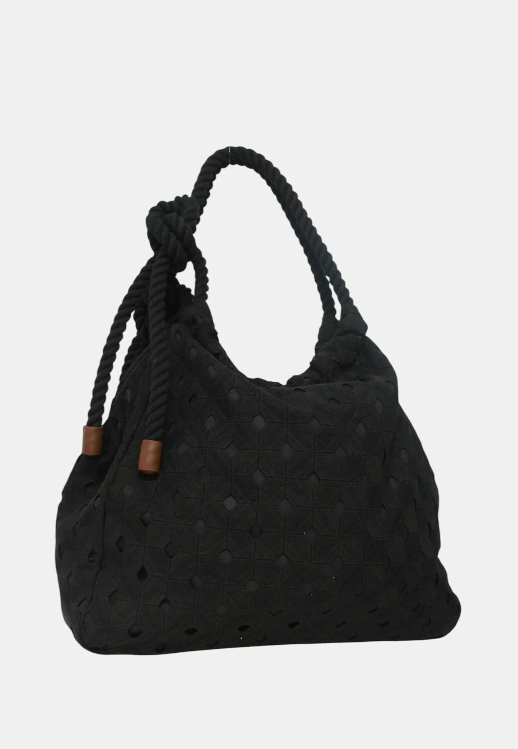 Spacious Black Handbag with Textured Geometric Cut-Out Pattern
