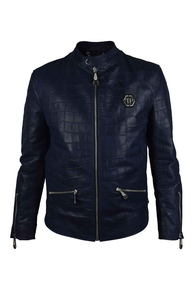 Croc-Embossed Leather Biker Jacket With Silver Hardware