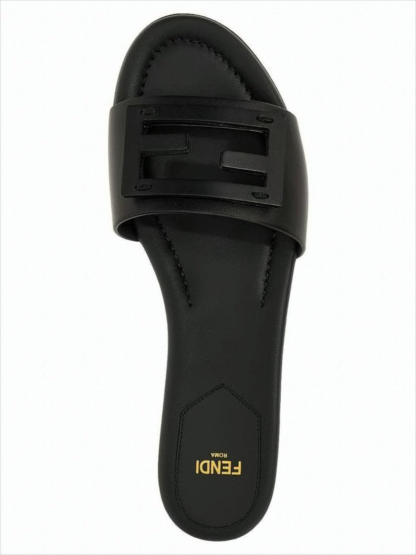 Cut-Out Logo Slide Sandals In Black Calf Leather