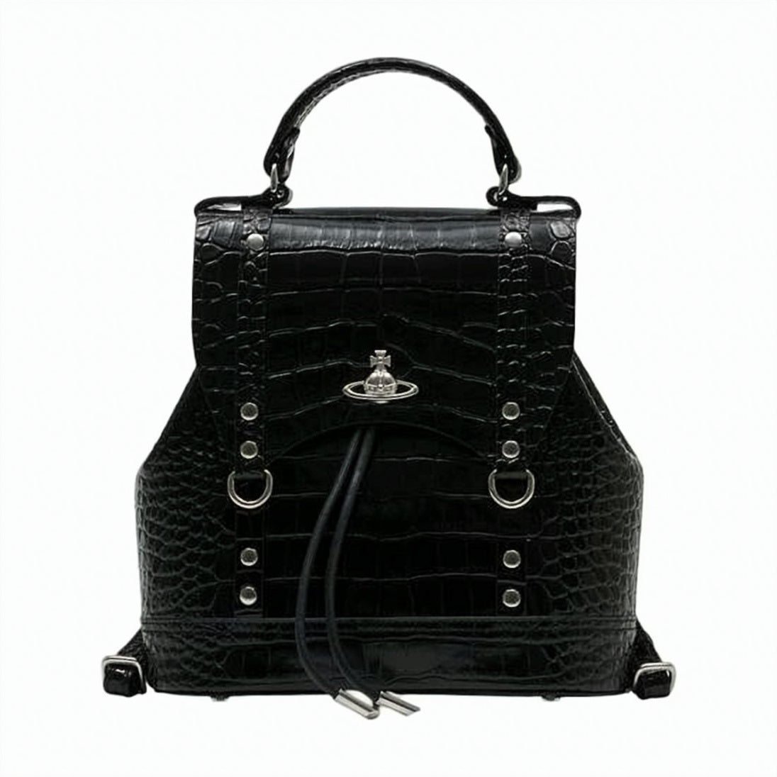 Crocodile-Embossed Leather Backpack with Orb Emblem