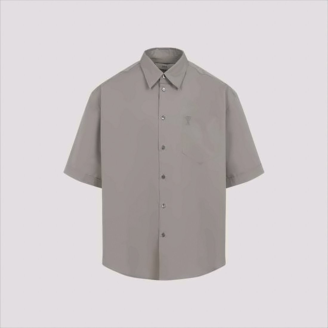 Short-Sleeve Grey Classic Cotton Shirt with Embroidered Detail
