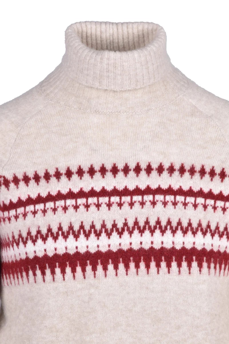 Cashmere Silk Crewneck Sweater - Beige/Bordeaux